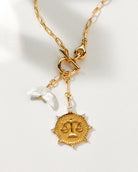 Sun Sign Libra Medallion and Quartz Crystal Front Toggle Zodiac Necklace