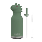 Green dinosaur-shaped water bottle with straw and cleaning brush on a white background