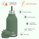 Green insulated bottle with flexi-straw and features listed on a white background