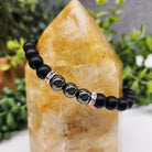 Hematite & Obsidian Matte 6mm Smooth Bead Stretch Bracelet On Pointed Stone