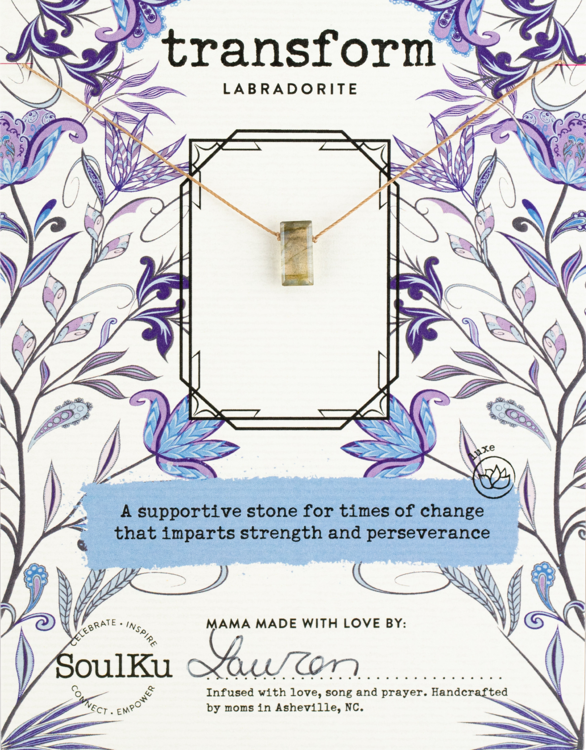 Labradorite Emerald Cut Necklace on Mighty Cord On Packaging Card