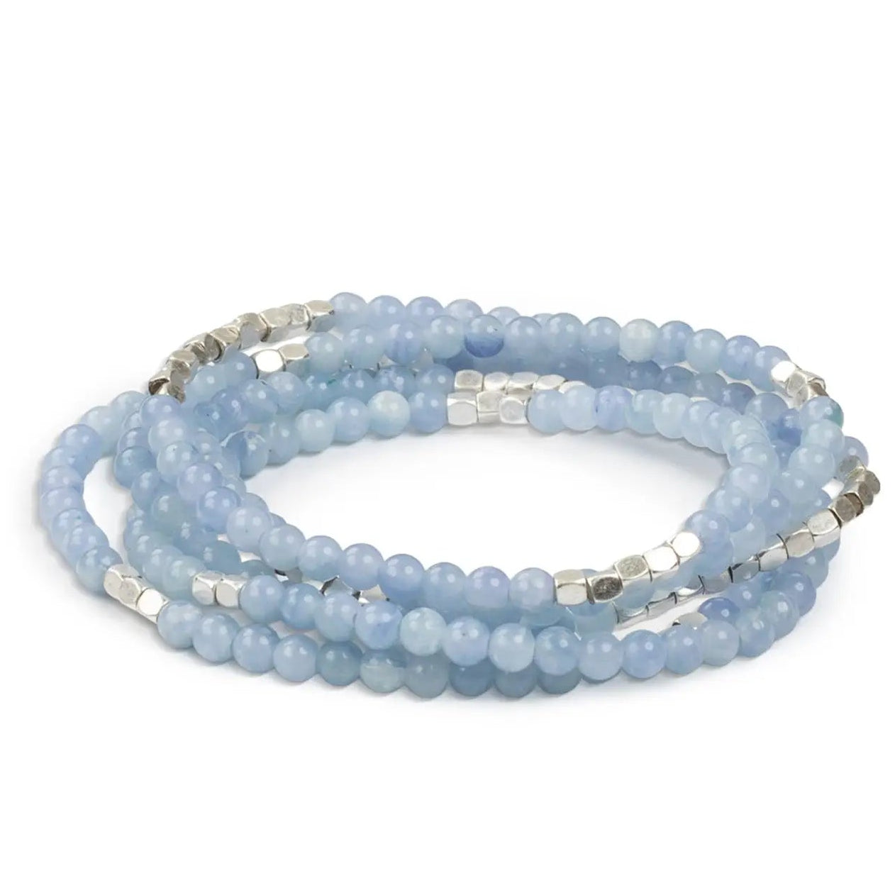 Stack of blue lace agate beaded bracelets with silver accents on a white background