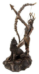 Bronze statue of a archer with a bow and a wolf on a white background
