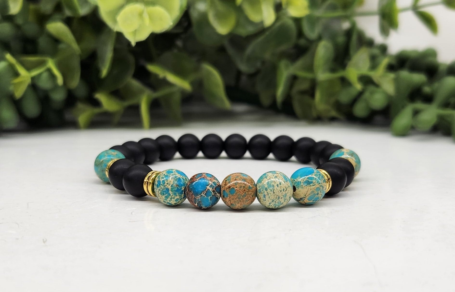 (Calmness & Confidence) Jasper Ocean Blue and Obsidian Black Matte 8mm Smooth Bead Bracelet full view stone