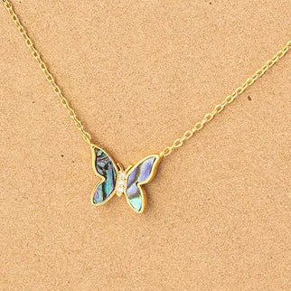 Necklace with a butterfly pendant on a brown card with text