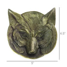 Bronze FOX head sculpture with dimensions on a white background