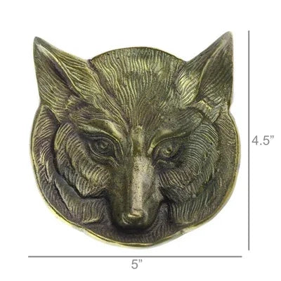 Bronze FOX head sculpture with dimensions on a white background