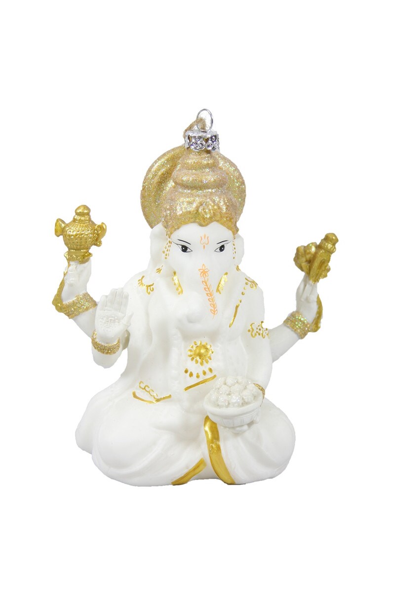 Decorative figurine of Ganesha with white and gold colors on a white background