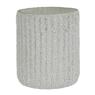 Silver glittery cylindrical candle holder on a white background