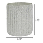 Silver glittery cylindrical candle holder with dimensions labeled on a white background