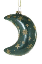 Teal Green crescent moon ornament with gold stars on a white background