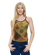 Green Patchwork Hand Printed Tank Top Front View