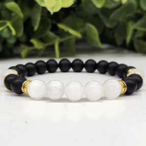 (Cleansing) Obsidian Black Matte With Selenite 8mm Smooth Bead Stretch Bracelet 0n White