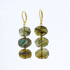 A pair of gold leverback drop earrings featuring three faceted natural labradorite beads on each earring, set against a plain white background.