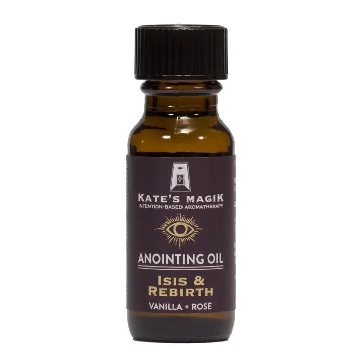 Brown bottle of Kate's Magik Isis & Rebirth Anointing Oil with black cap on a white background
