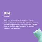 Teal cat-shaped pillow with text about Kiki the cat on a purple background