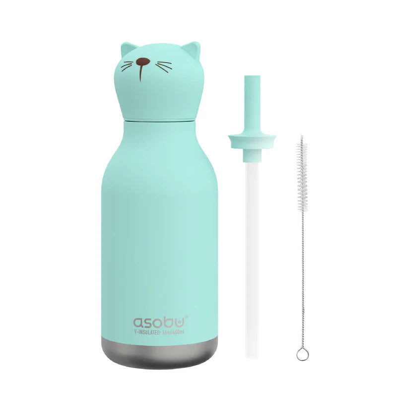 Mint green cat-shaped water bottle with straw and cleaning brush on a white background