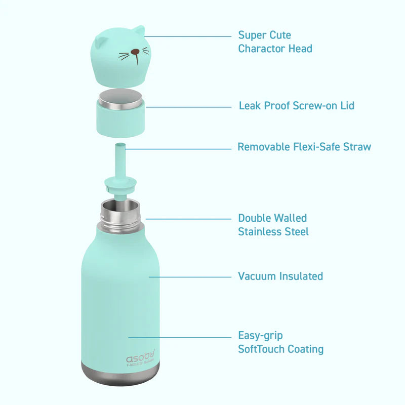 Mint green water bottle with character head and labeled features on a white background