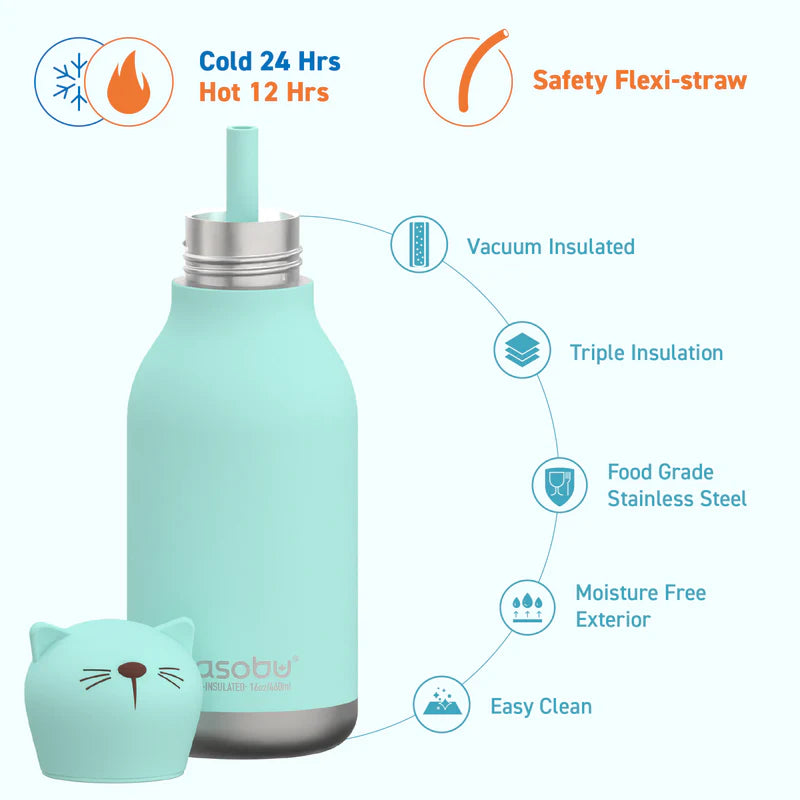 Mint green insulated bottle with cat-shaped lid and features listed on a white background