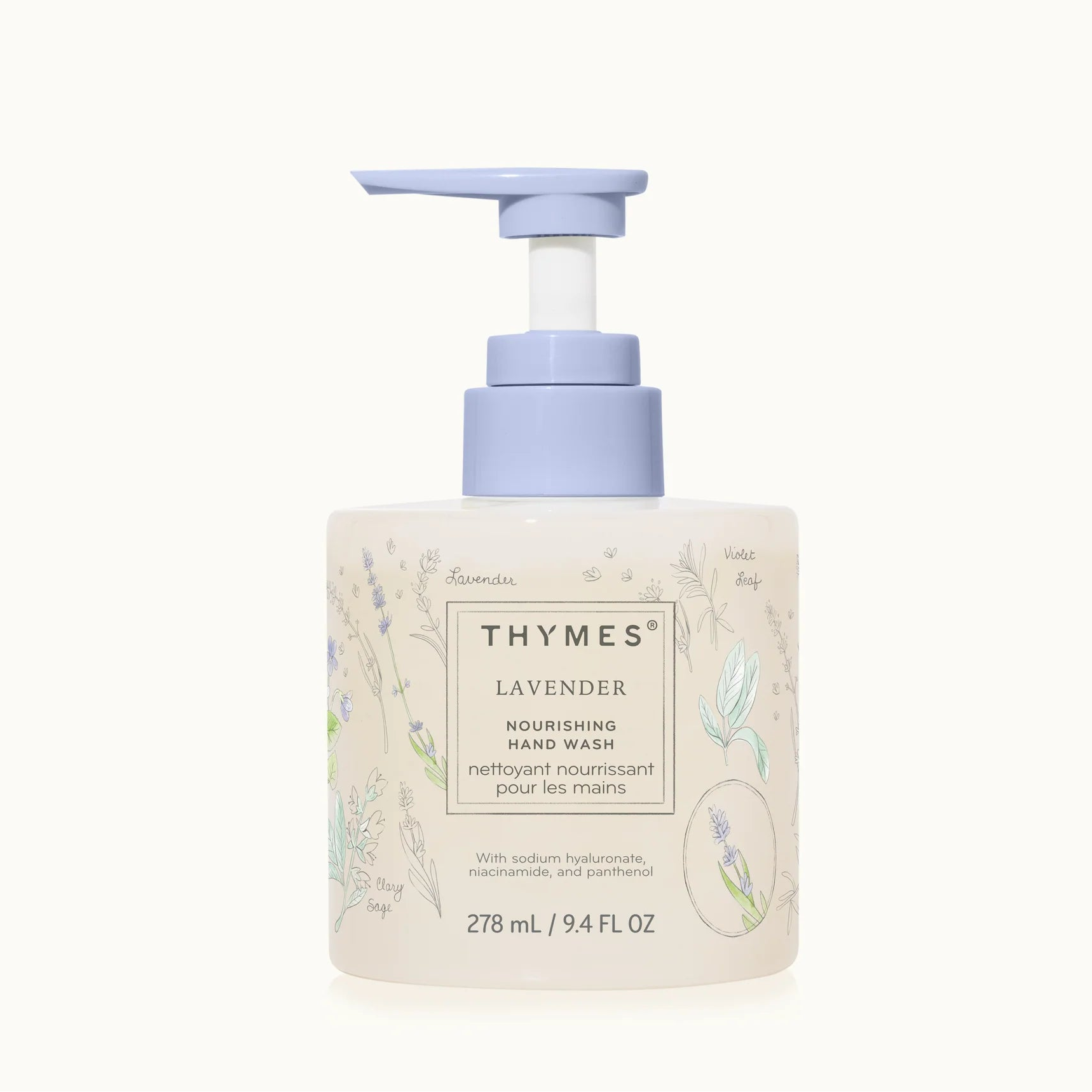 Thymes lavender hand wash bottle with pump on a white background