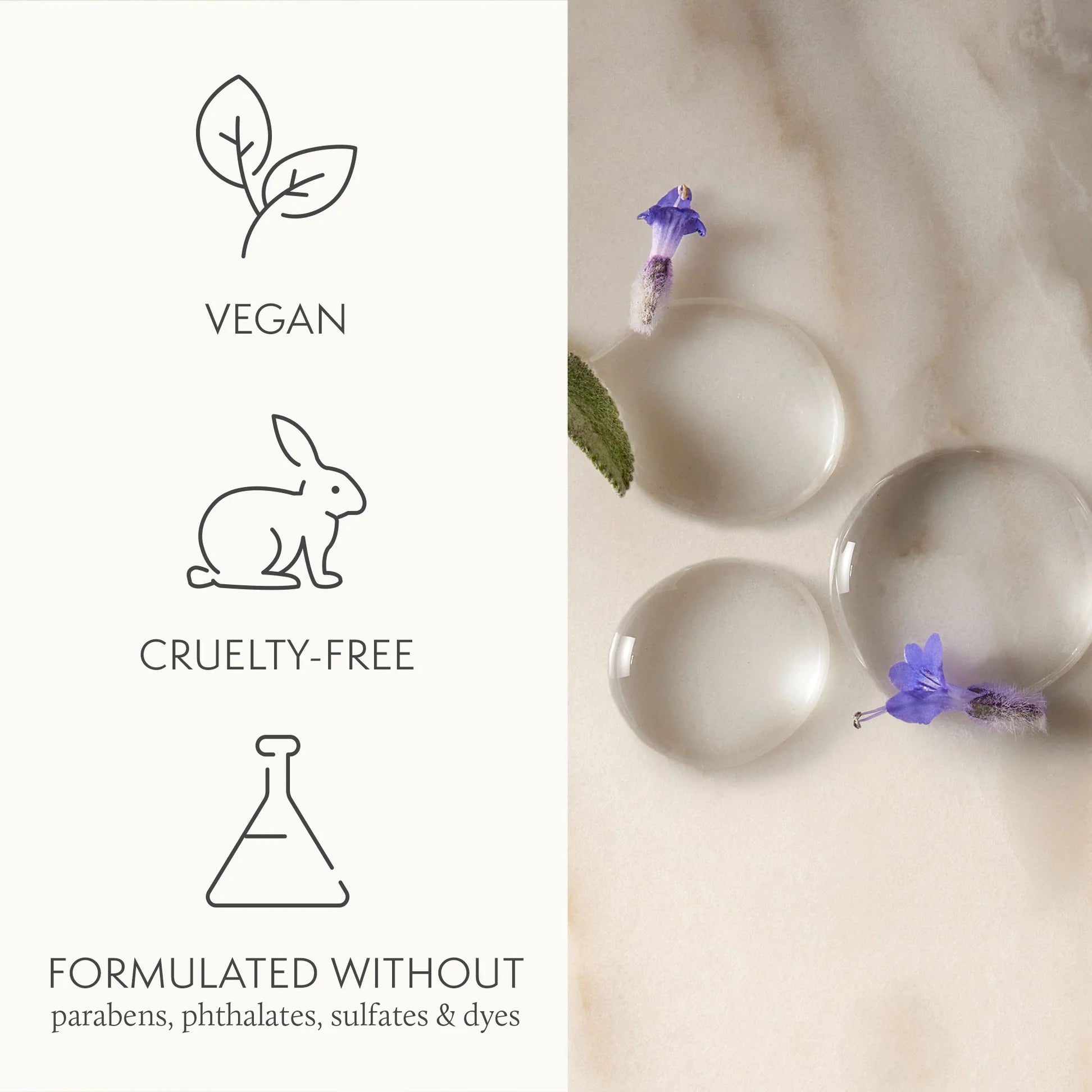 Product packaging with vegan, cruelty-free, and environmentally friendly icons on a light background.