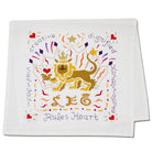 Decorative towel with a lion design and text on a white background