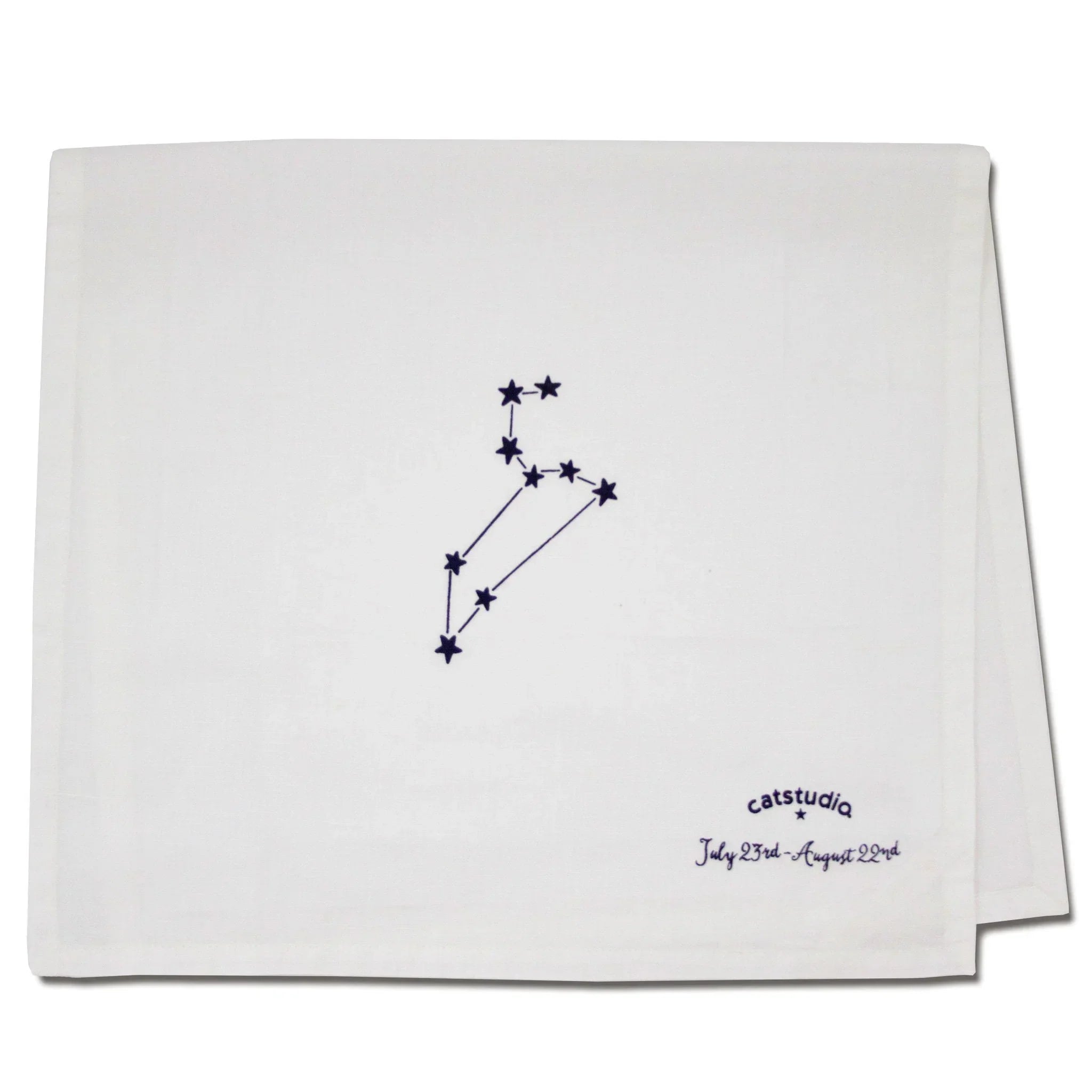 White towel with a star constellation design and 'catstudio' branding on a white background