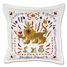 Decorative pillow with embroidered lion design and text on a white background