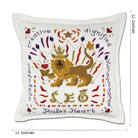 Decorative pillow with a lion design and text on a white background