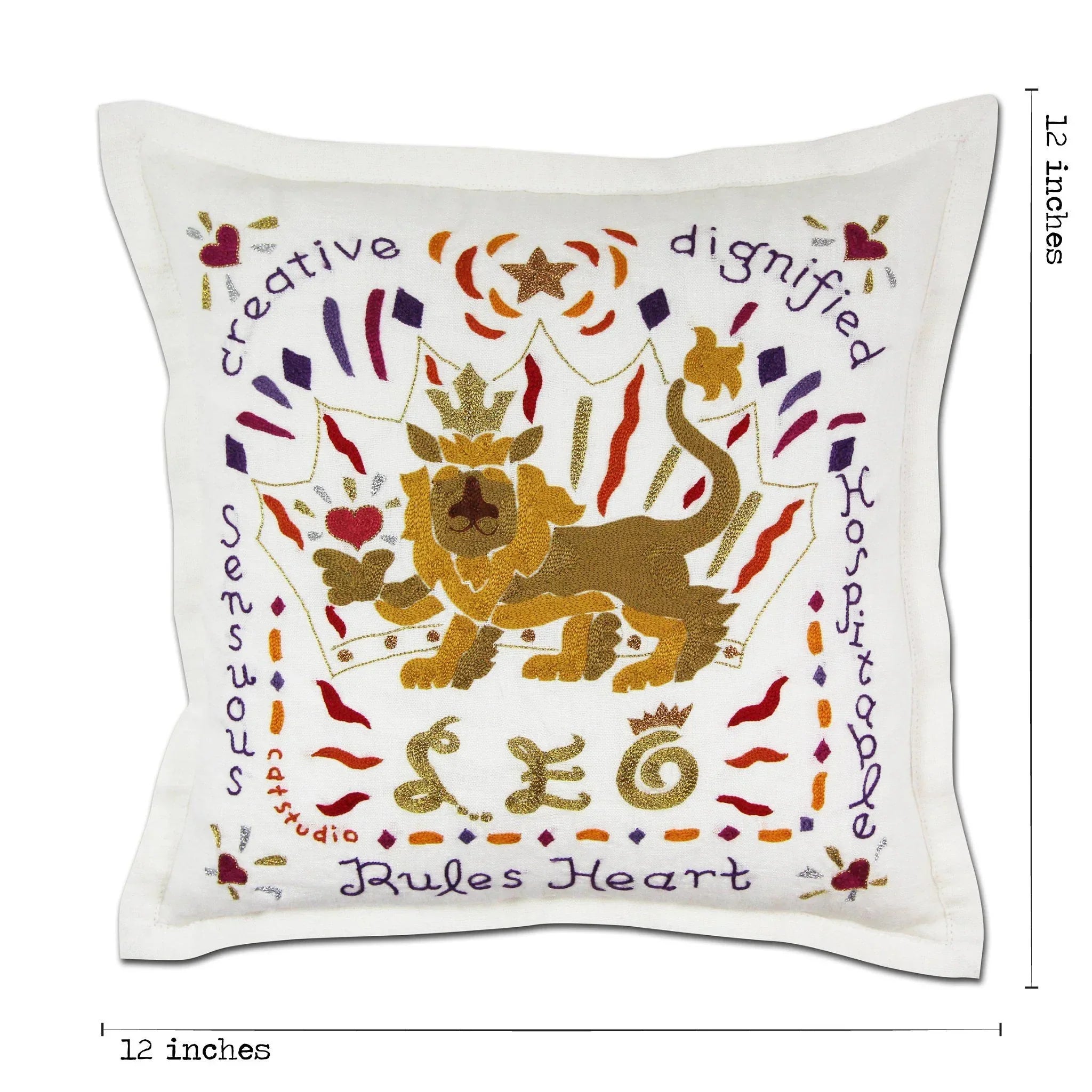 Decorative pillow with a lion design and text on a white background