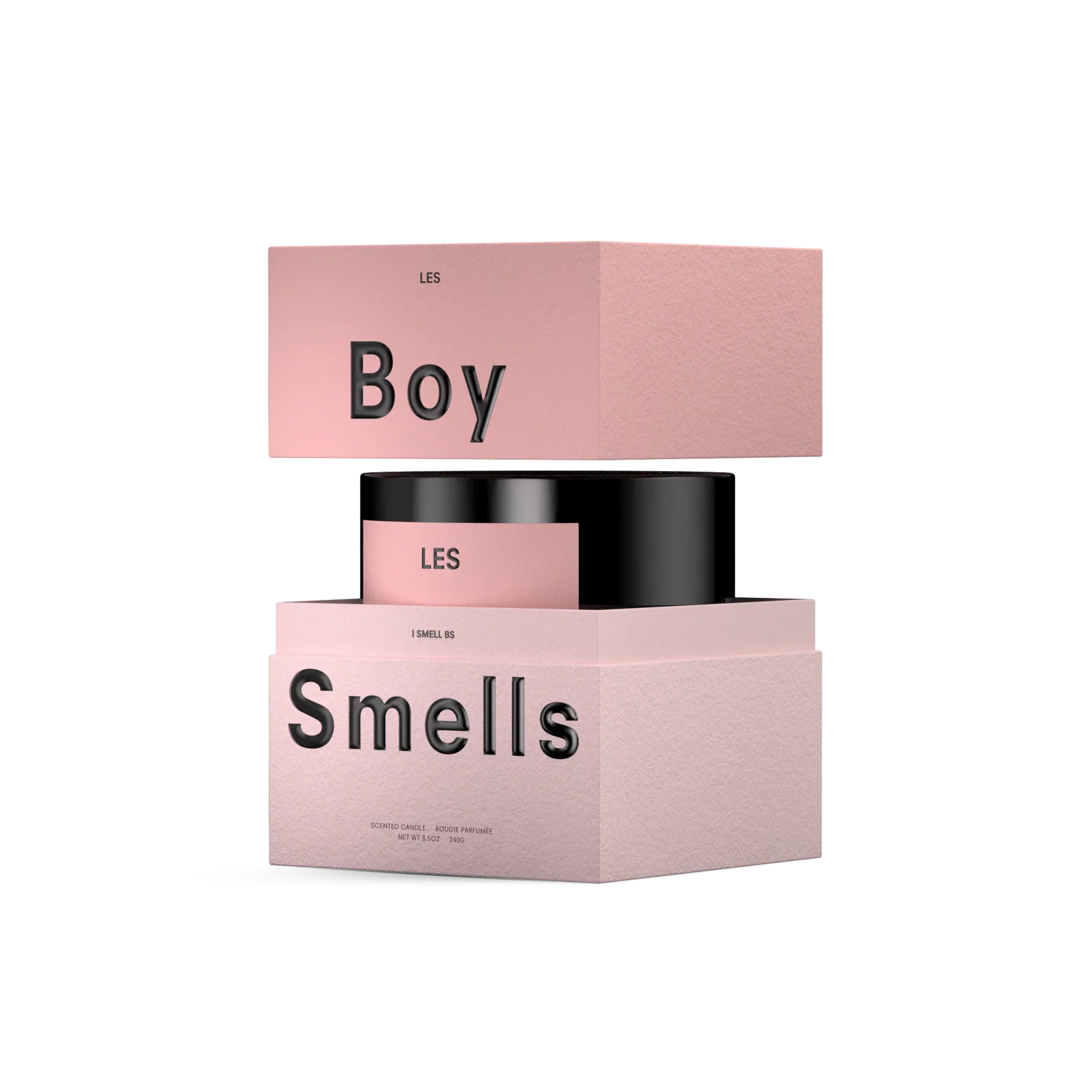 Pink cosmetic product packaging with 'Boy' and 'Smells' text on a white background