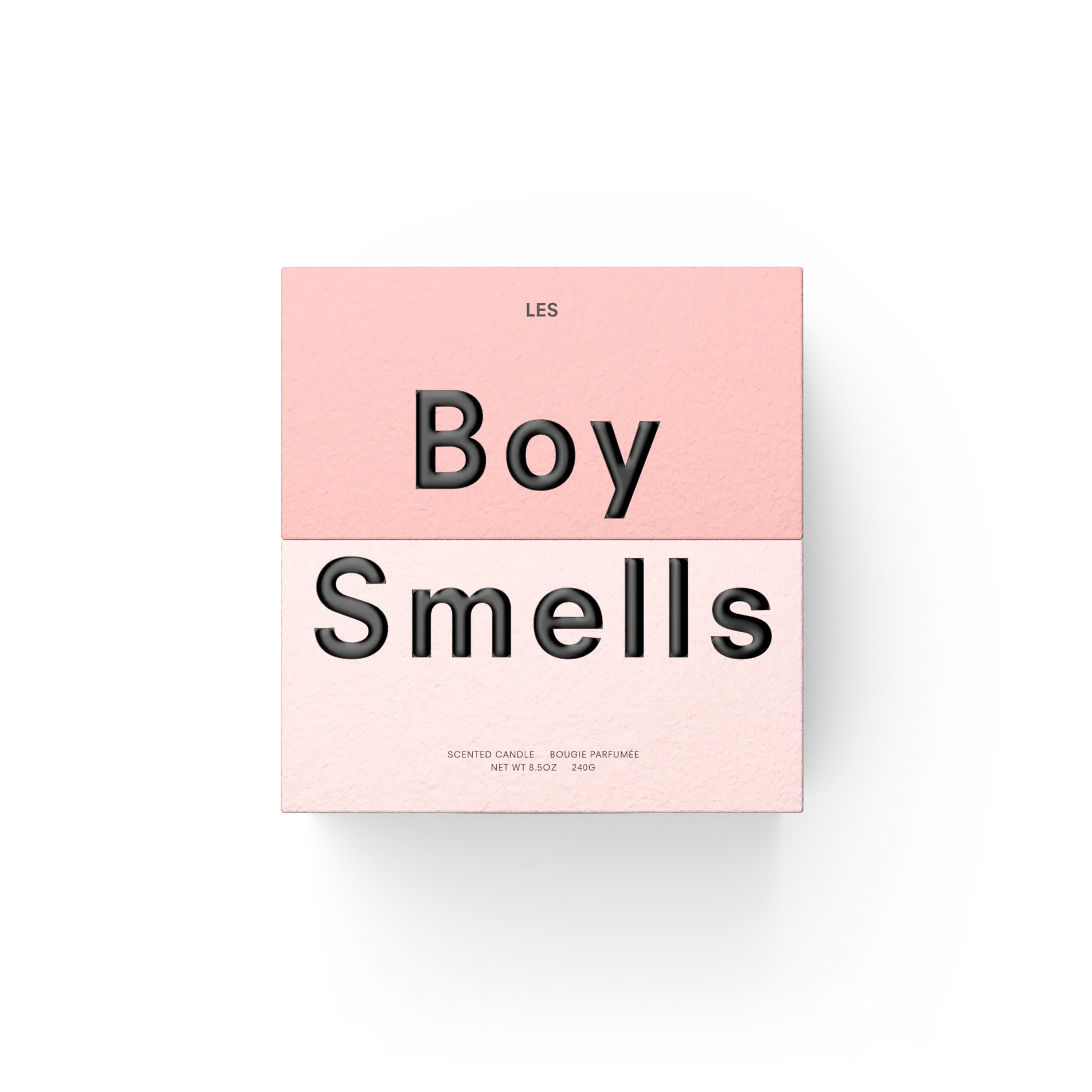 Pink packaging with 'Boy Smells' text on a white background