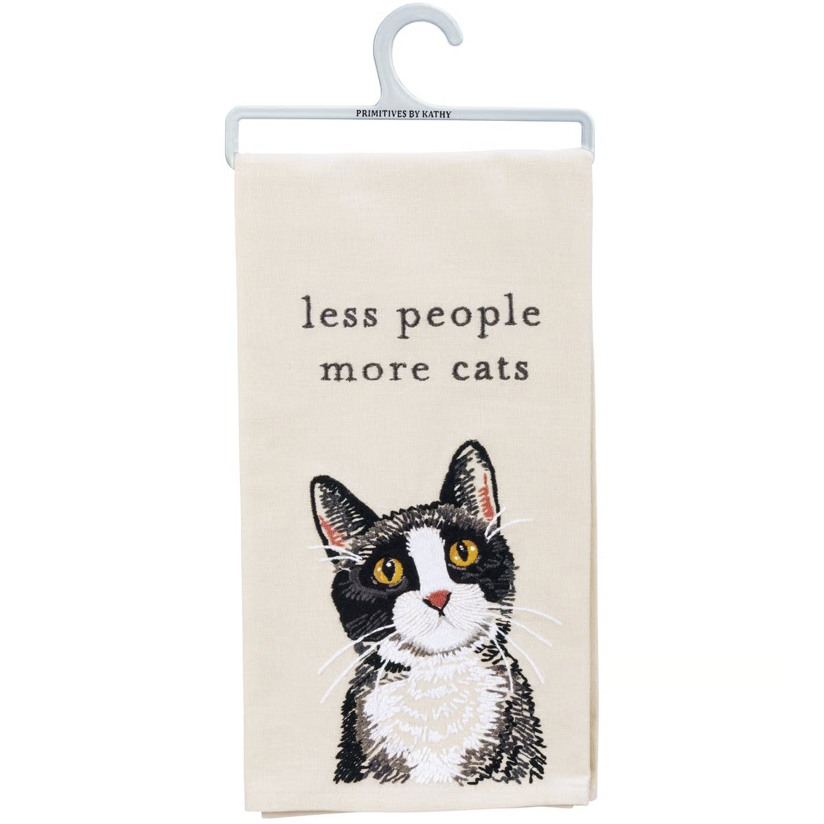 Towel with a cat illustration and text 'less people more cats' on a hanger.
