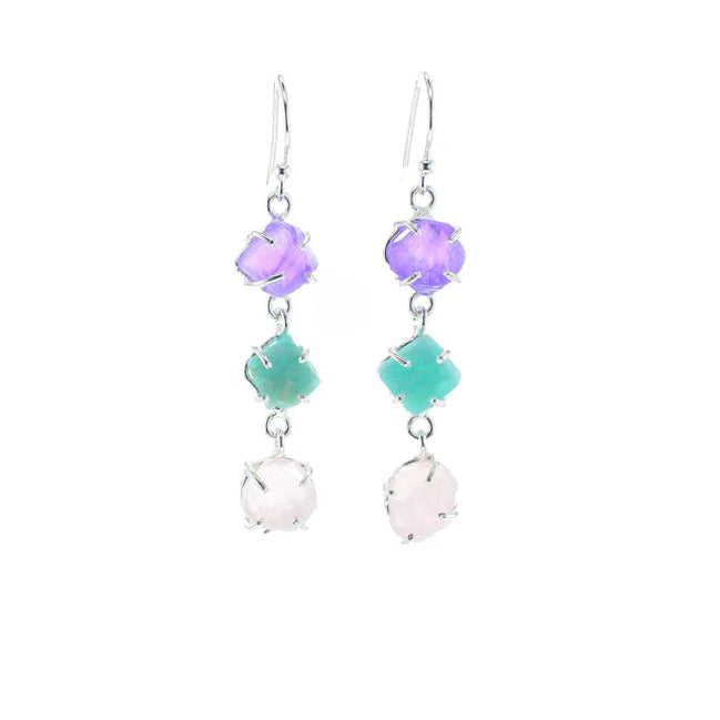 Amethyst, Amazonite & Rose Quartz Maka Earrings in Silver