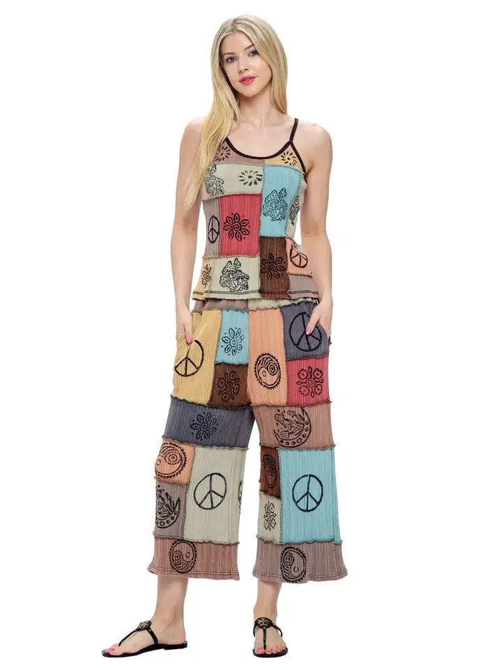 Hippie Patchwork Multi Color Hand Printed Midi Pants