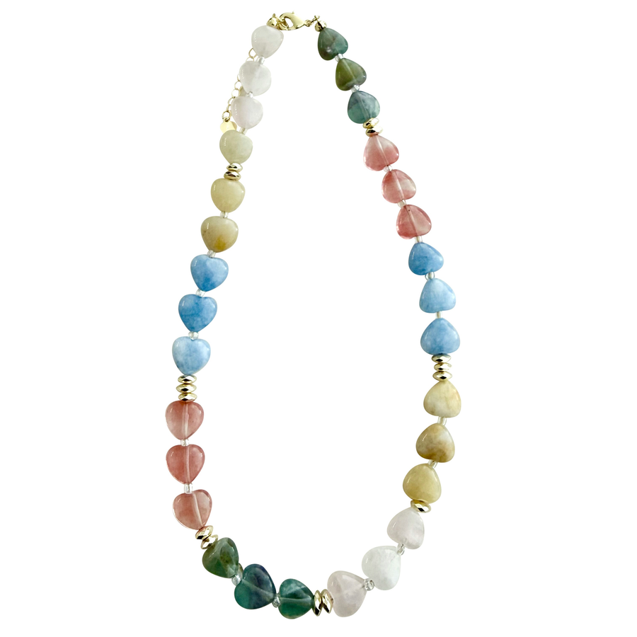 Necklace with multicolored heart gemstone beads on a white background