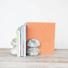 Stone mushroom bookends holding books on a wooden surface with a white background