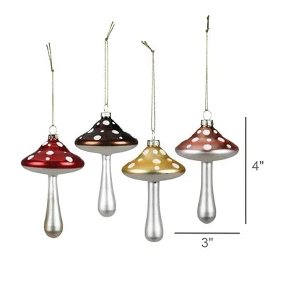 Set of four colorful glass mushroom-shaped ornaments with measurements on a white background