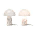 Two mushroom-shaped lamps with marble-like textures on a white background