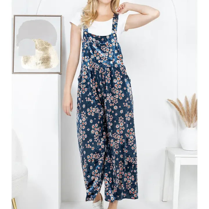 Navy Vintage Floral Velvet Wide Leg Overalls front view_1