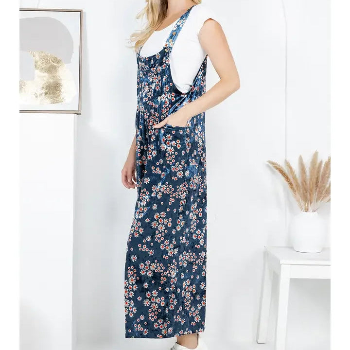 Navy Vintage Floral Velvet Wide Leg Overalls side view