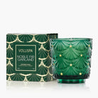 Voluspa Noble Fir Green candle with decorative packaging on a white background