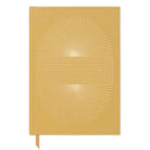 A mustard yellow hardcover notebook with a minimalist white geometric line design on the cover and a matching ribbon bookmark, shown against a plain white background.