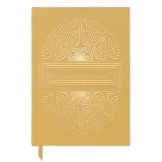 A mustard yellow hardcover notebook with a minimalist white geometric line design on the cover and a matching ribbon bookmark, shown against a plain white background.