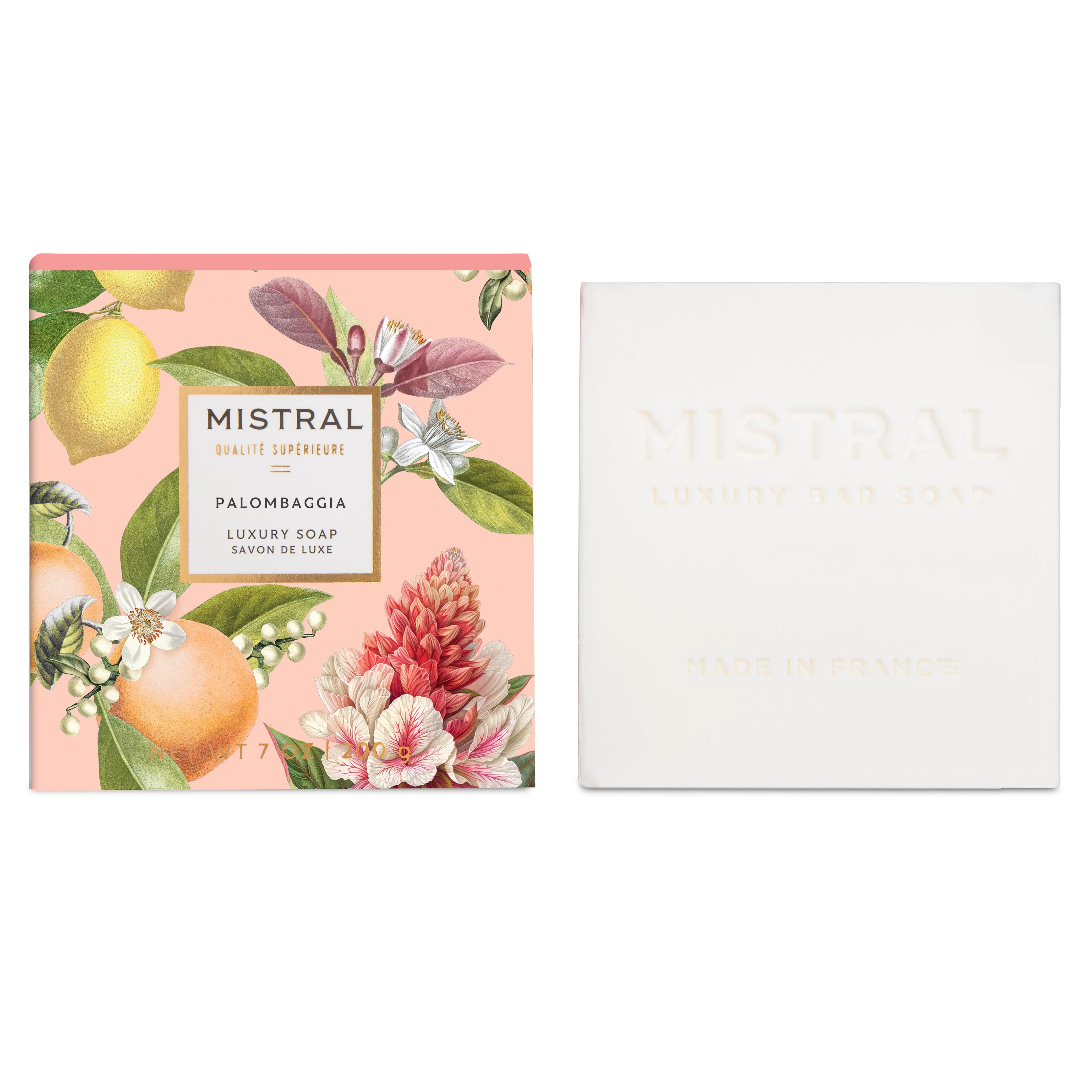 Mistral soap with floral packaging on a white background