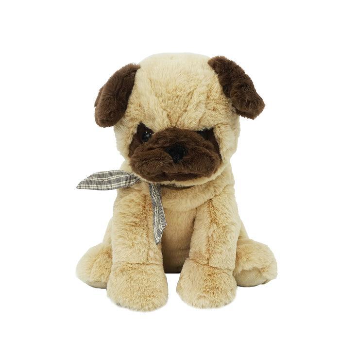 Plush toy pug dog with a checkered ribbon on a white background