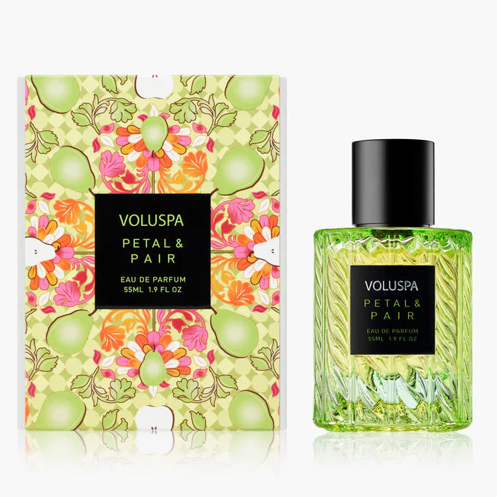 Voluspa Petal & Pair Eau de Parfum bottle and packaging on a white background