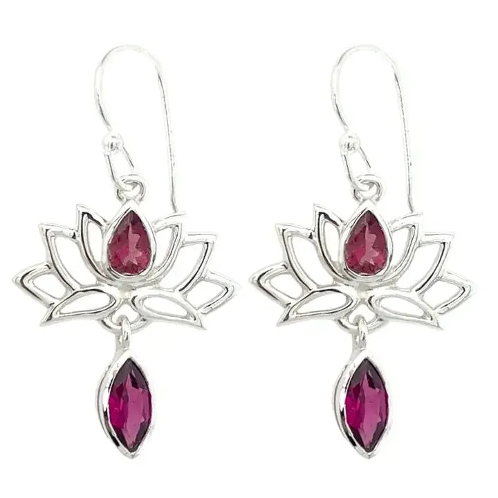 Pink Tourmaline Rhodolite Garnet Lotus Earrings, Sterling