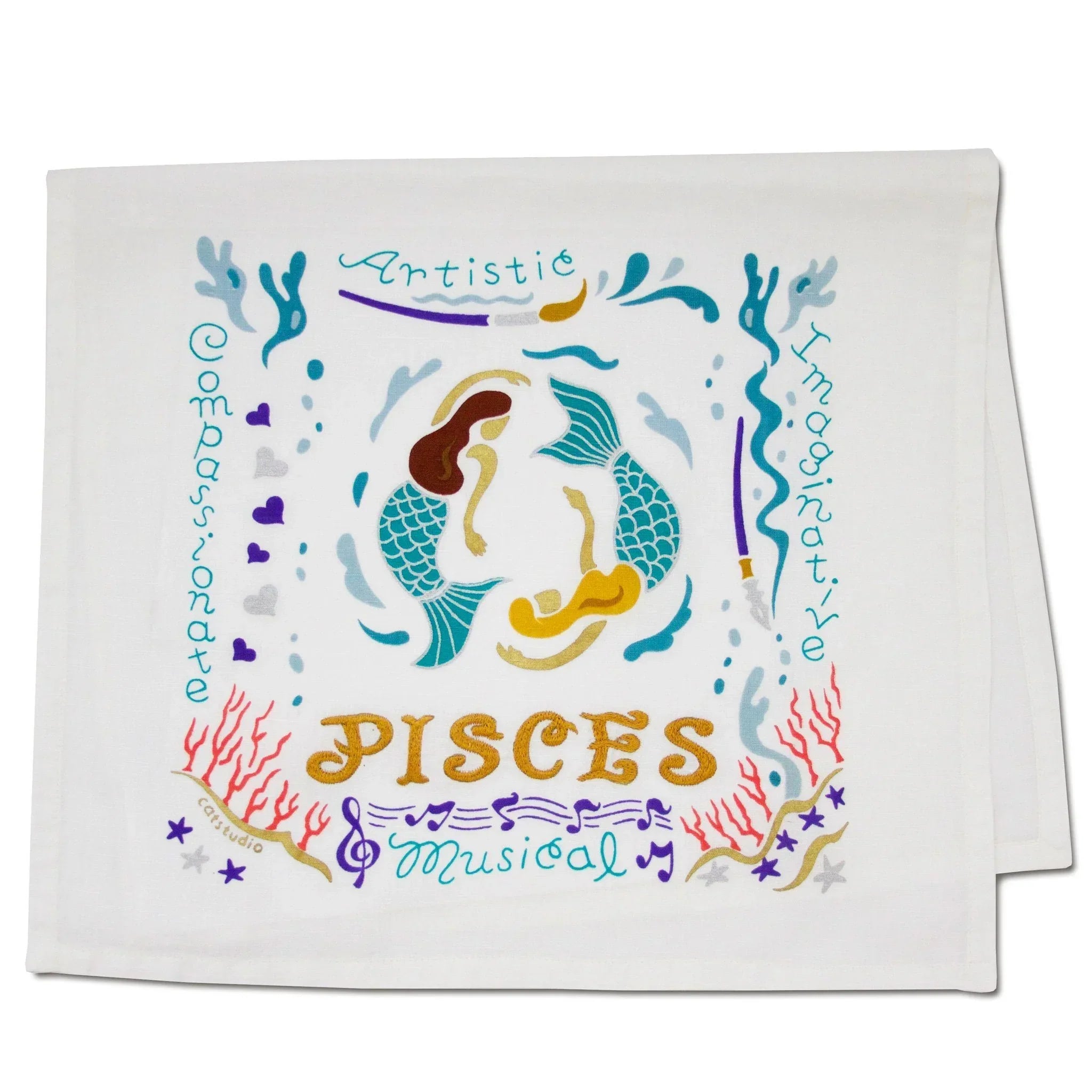 Pisces zodiac design with mermaid illustration on a white background