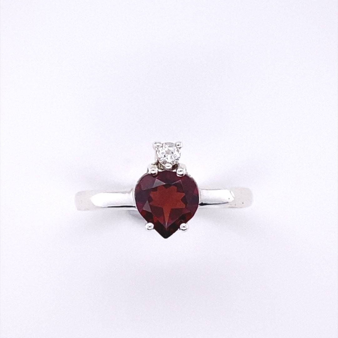 Heart Shaped Garnet Ring with White Topaz Gemstone Accent Sterling Silver Setting